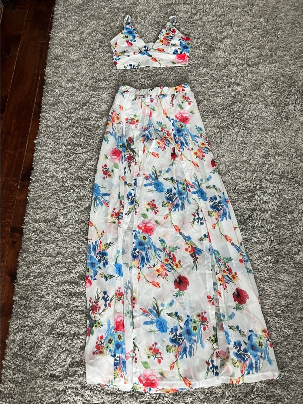 Amazon Floral Two-Piece Skirt Set with Blue & Pink Flowers